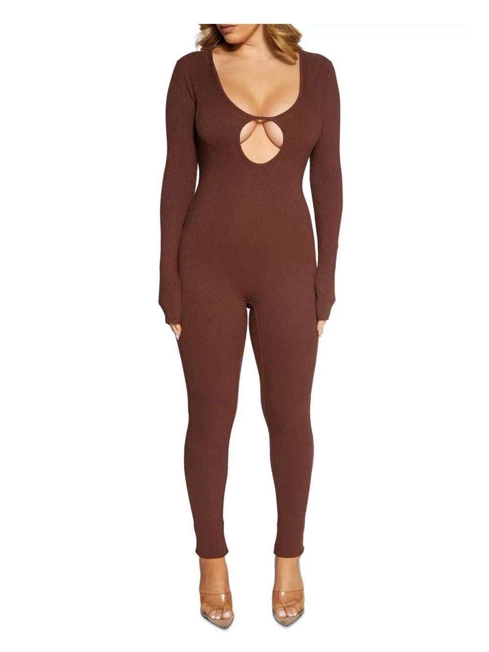 NAKED WARDROBE Chocolate Brown Ribbed Keyhole Jumpsuit Medium